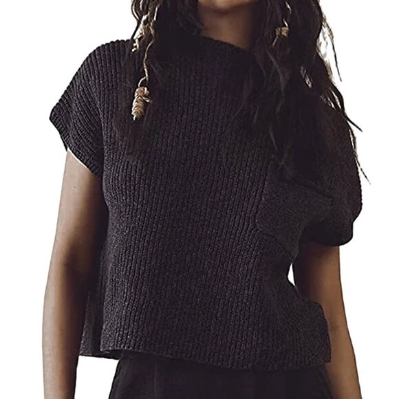 Free People Freya Size X-Small Beachy Knit Short Sleeve Sweater Greyish Black - Picture 1 of 9
